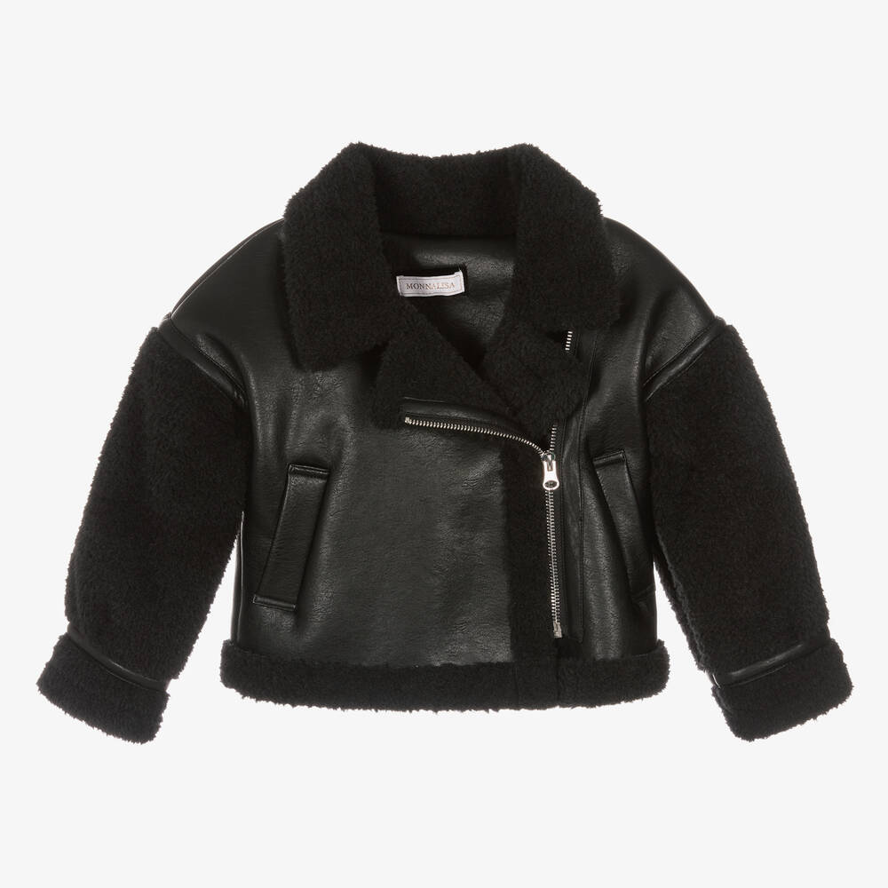 Monnalisa-Girls Black Faux Leather Aviator Jacket | Childrensalon Outlet
