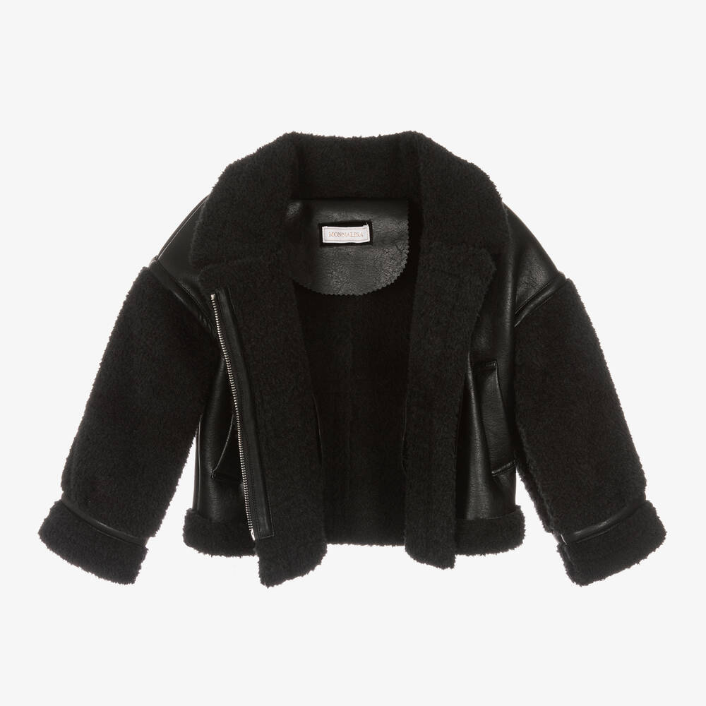 Monnalisa Girls Black Faux Leather Aviator Jacket