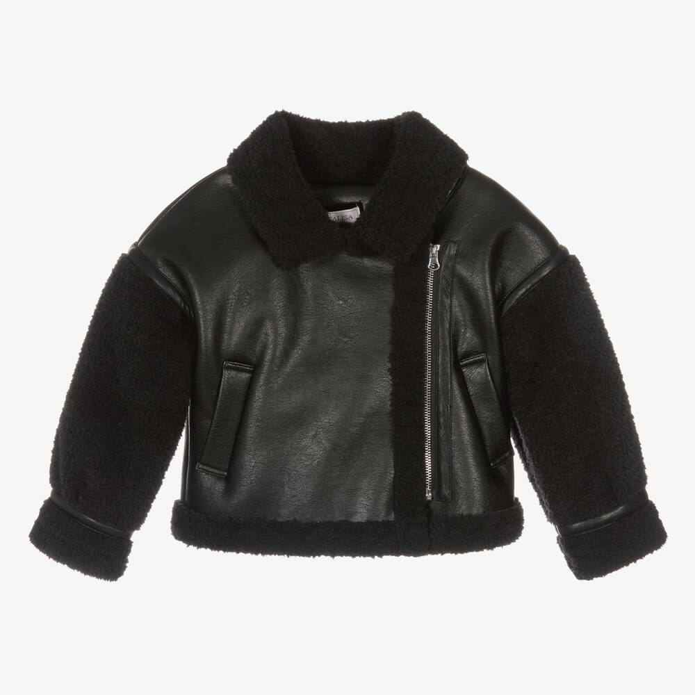 Monnalisa - Girls Black Faux Leather Aviator Jacket | Childrensalon