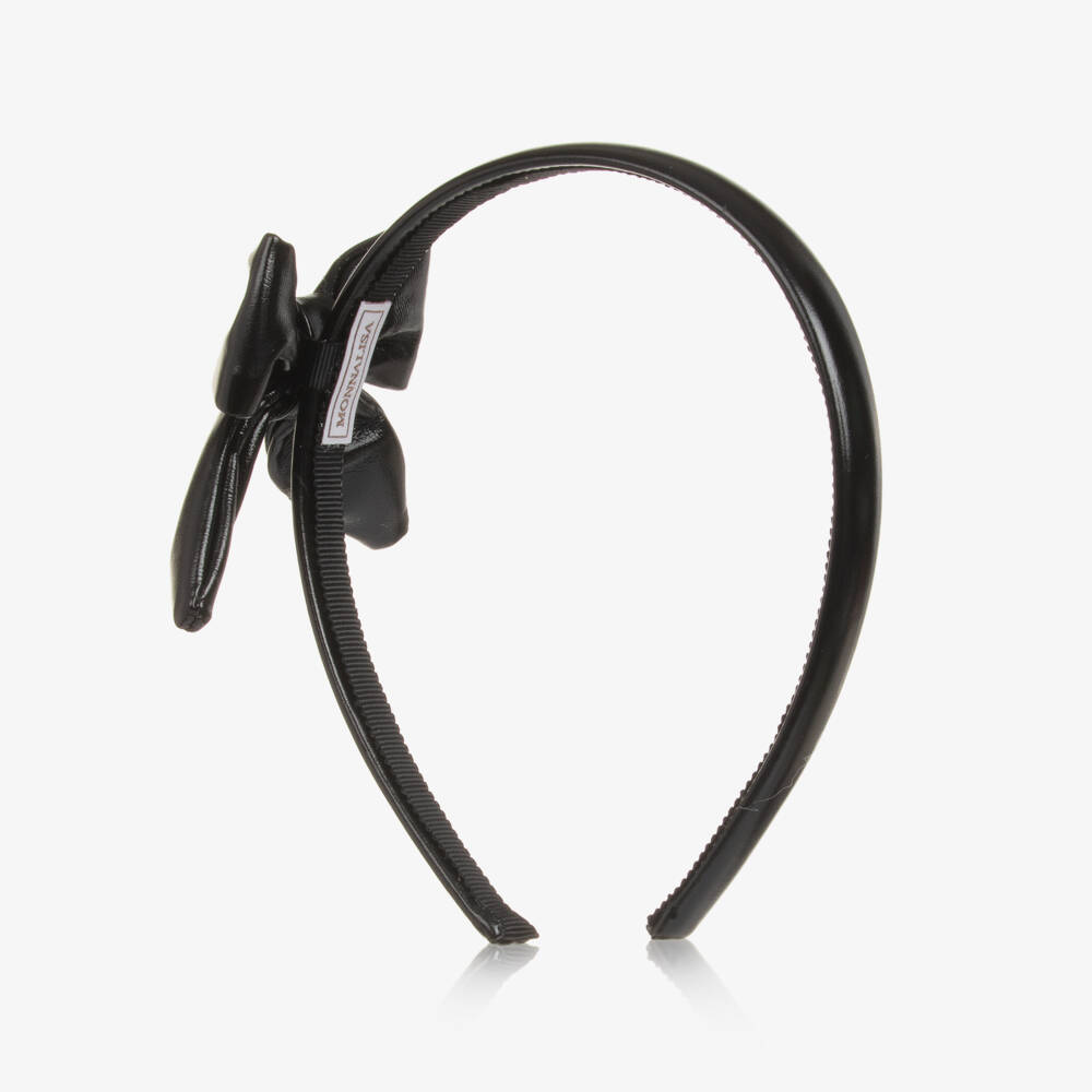 Monnalisa-Girls Black Faux Leather Bow Hairband | Childrensalon Outlet