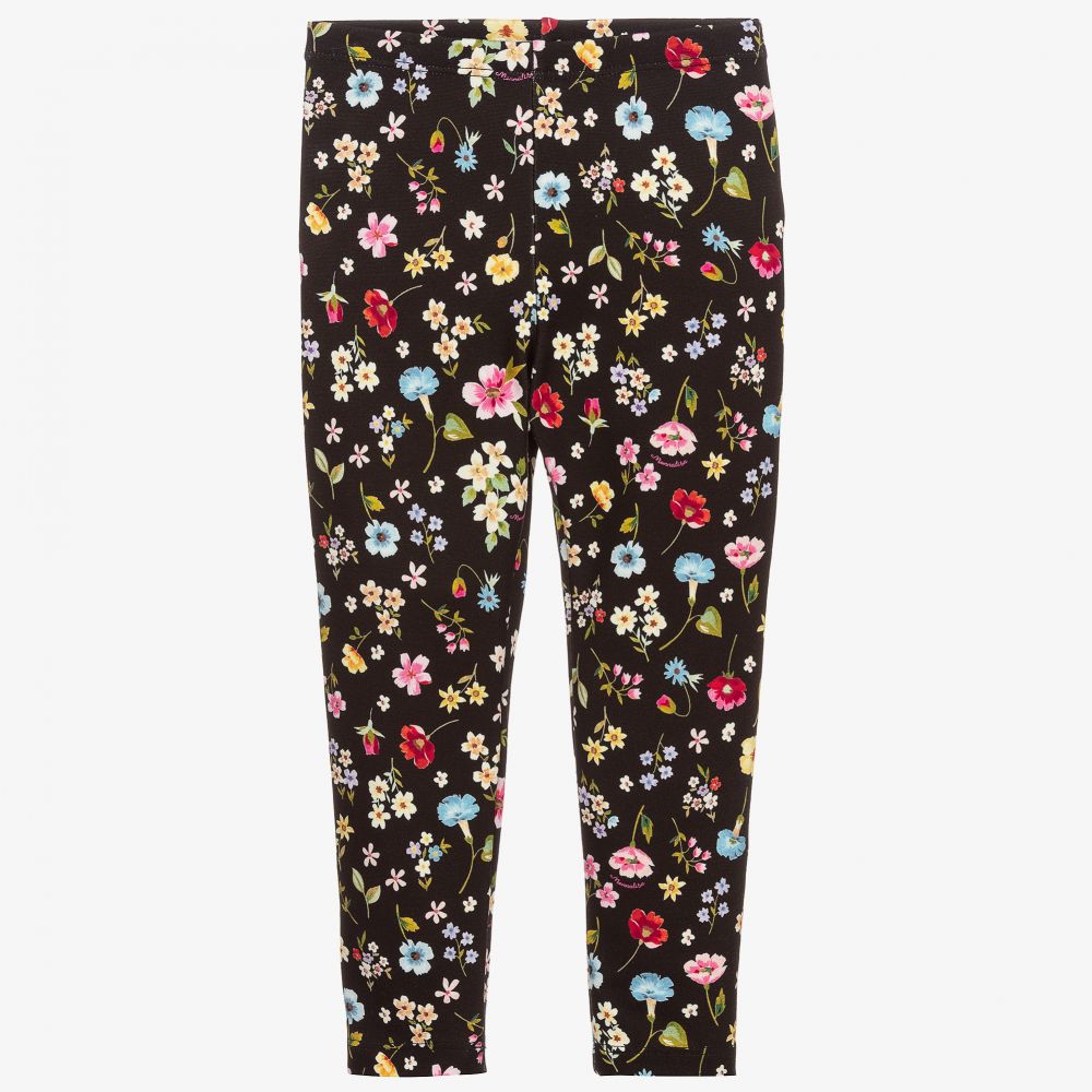 Monnalisa - Girls Black Floral Leggings | Childrensalon