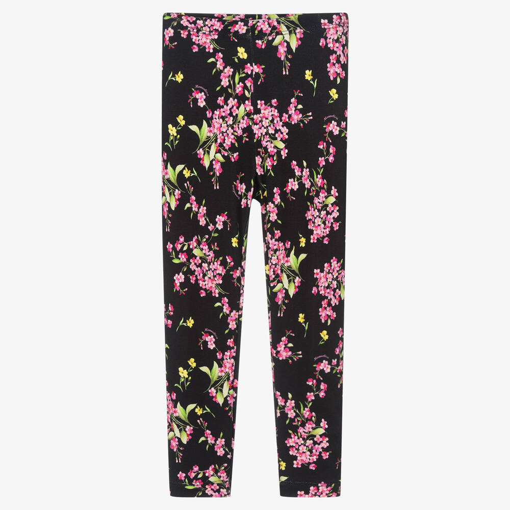 Monnalisa - Girls Black Floral Leggings | Childrensalon