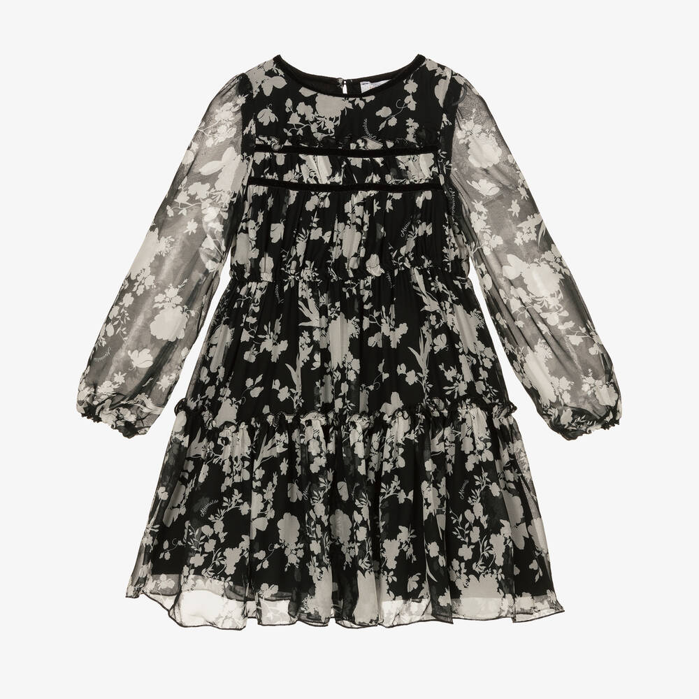 Monnalisa - Girls Black Floral Logo Dress  | Childrensalon