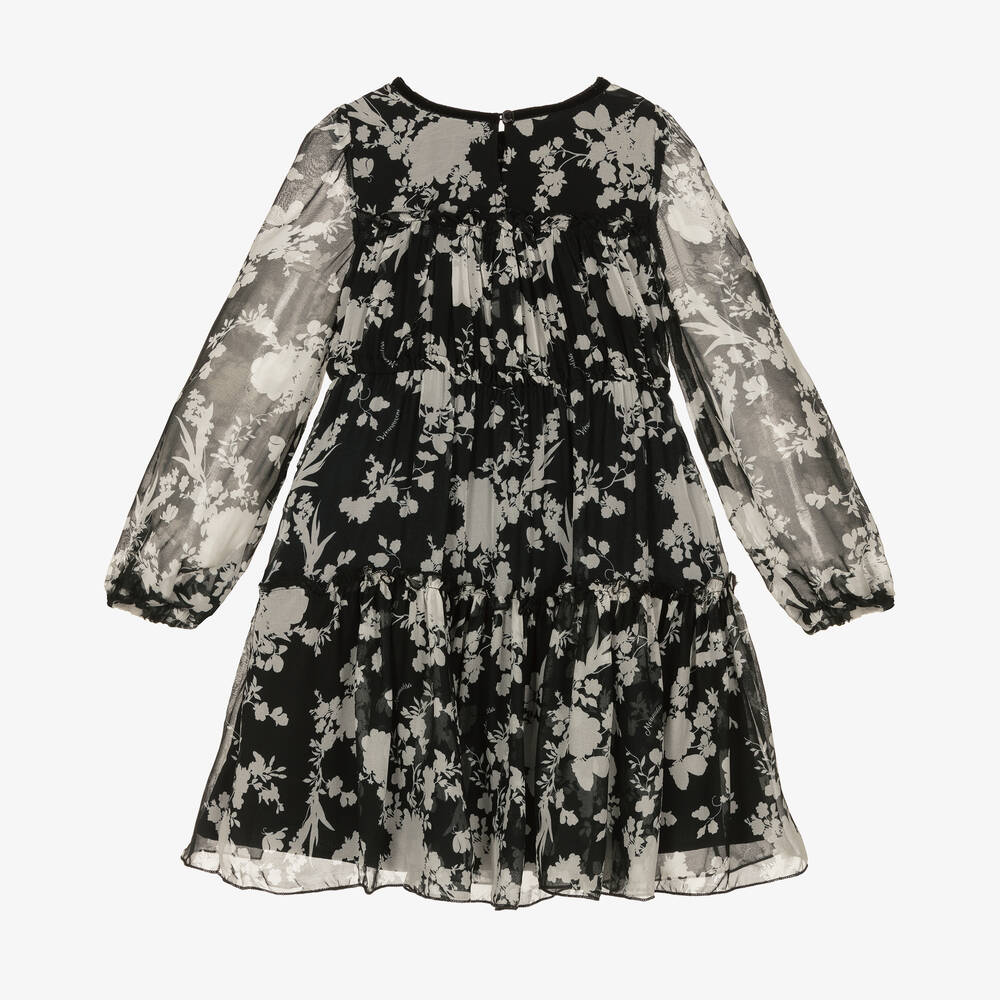Monnalisa-Girls Black Floral Logo Dress  | Childrensalon Outlet