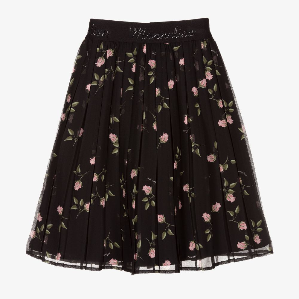 Monnalisa - Girls Black Floral Print Skirt | Childrensalon