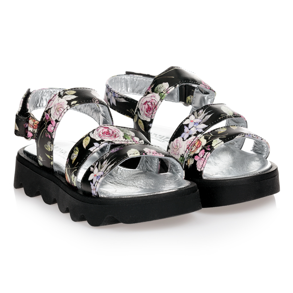 Monnalisa - Girls Black Floral Sandals | Childrensalon