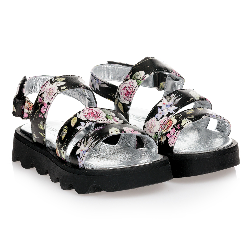 Monnalisa - Schwarze, geblümte Sandalen (M) | Childrensalon