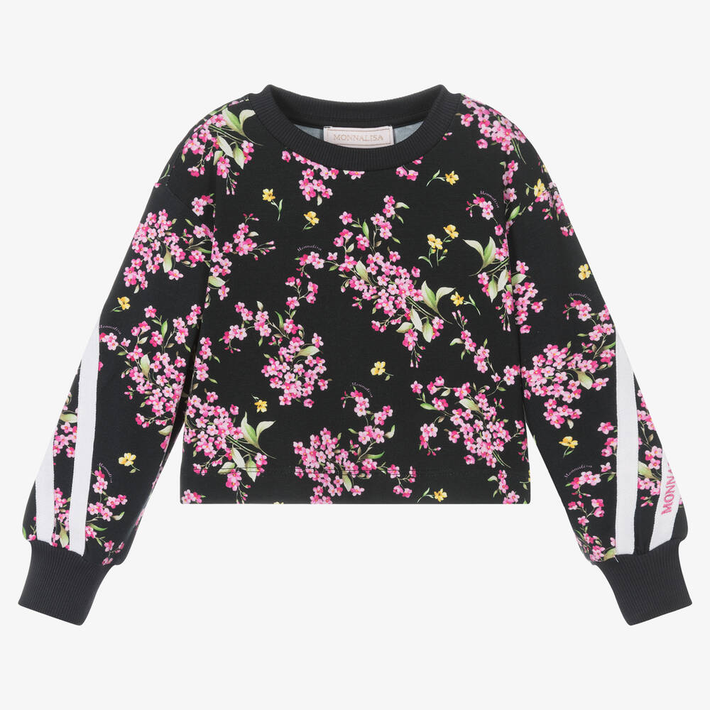 Monnalisa - Girls Black Floral Sweatshirt | Childrensalon