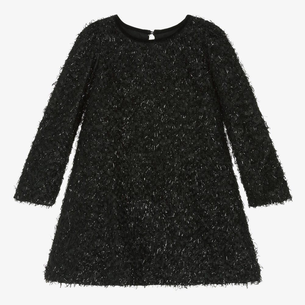 Monnalisa Chic - Girls Black Fringed Lurex Dress  | Childrensalon