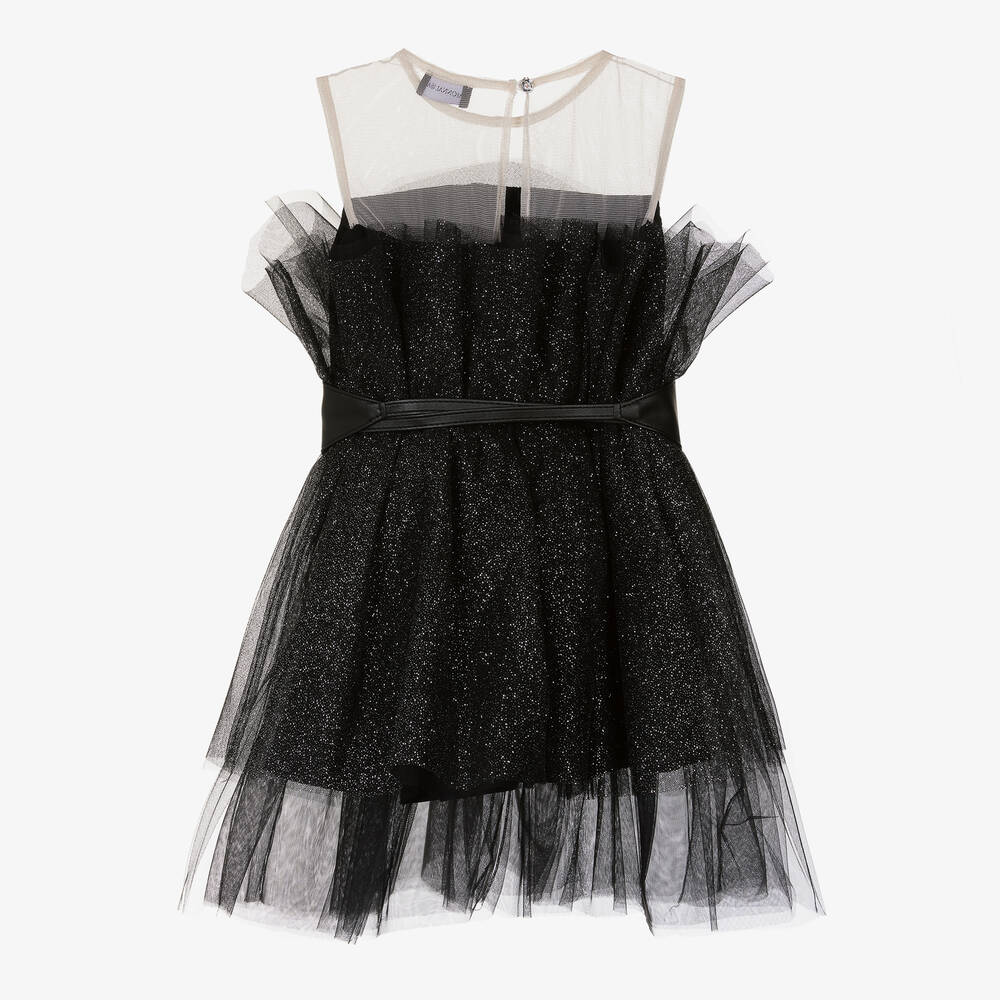 Monnalisa-فستان شبك وتول غليتر لون أسود | Childrensalon Outlet