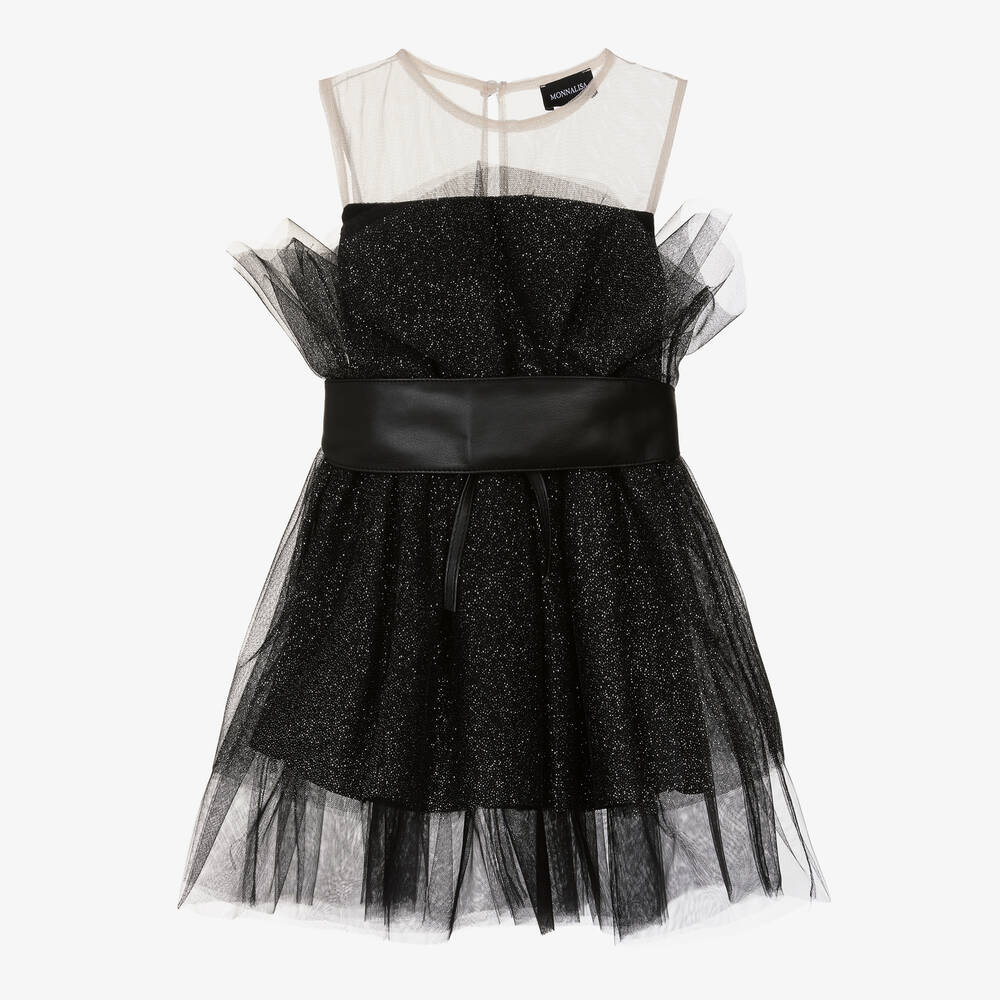 Monnalisa - Girls Black Glitter Tulle Dress | Childrensalon