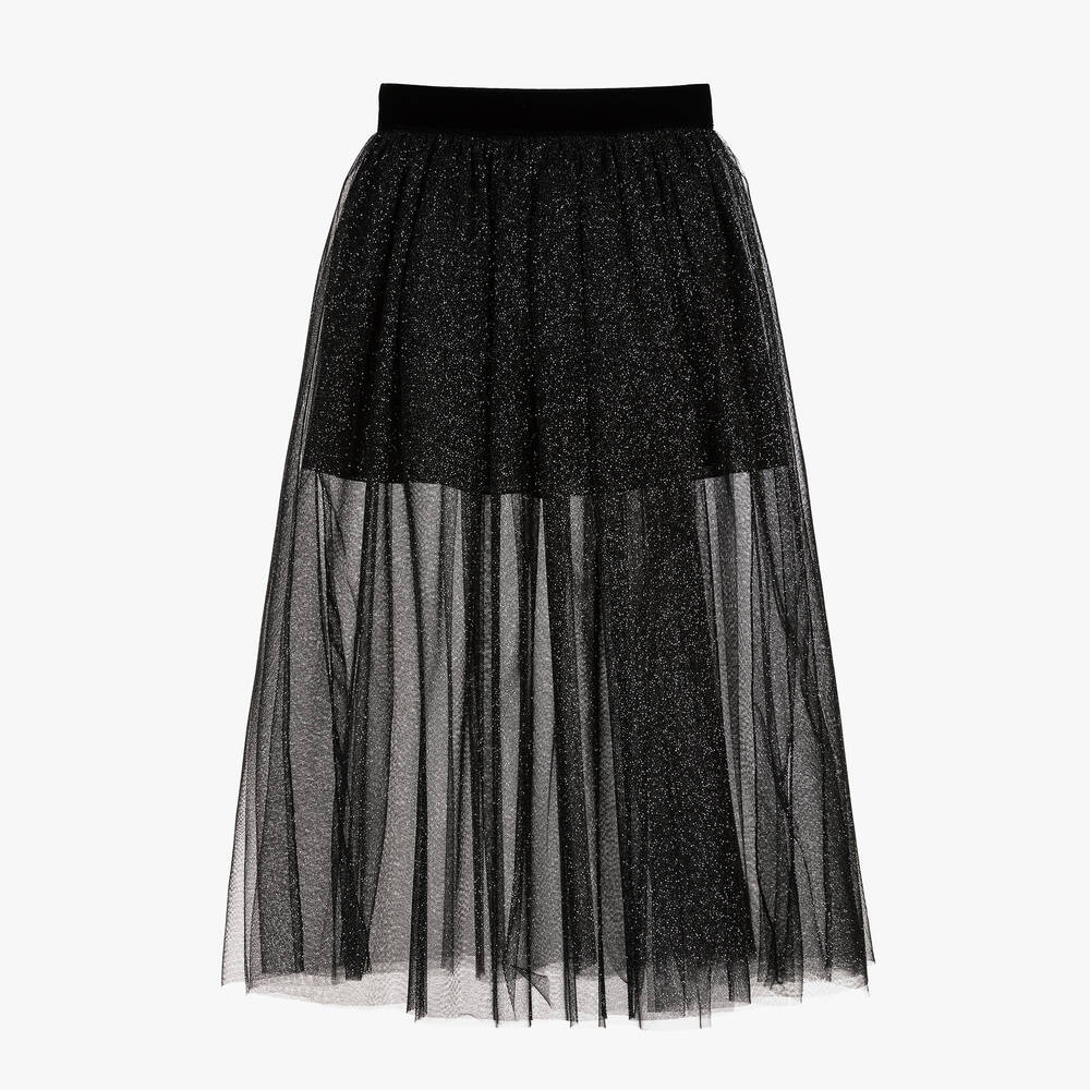 Monnalisa - Girls Black Glitter Tulle Skirt | Childrensalon