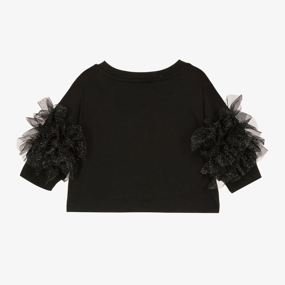 Monnalisa-Черный топ с рюшами из тюля и блестками | Childrensalon Outlet
