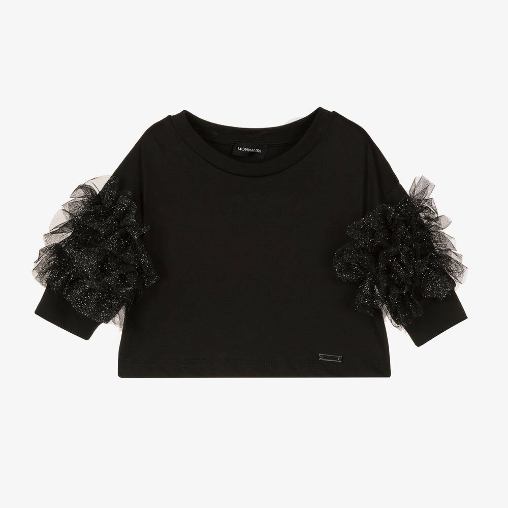 Monnalisa-Черный топ с рюшами из тюля и блестками | Childrensalon Outlet