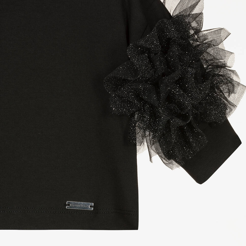 Monnalisa-Черный топ с рюшами из тюля и блестками | Childrensalon Outlet