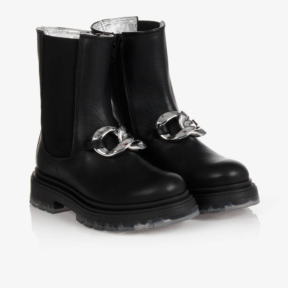 Monnalisa - Girls Black Leather Boots | Childrensalon