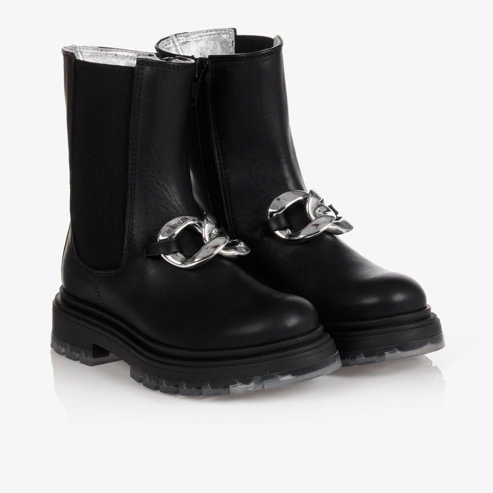 Monnalisa-Girls Black Leather Boots | Childrensalon Outlet