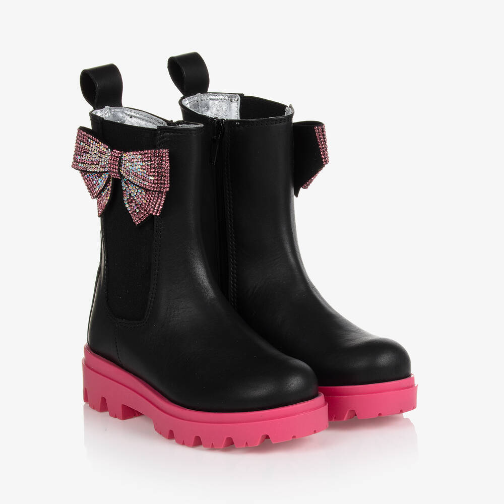 Monnalisa - Girls Black Leather Bow Boots | Childrensalon