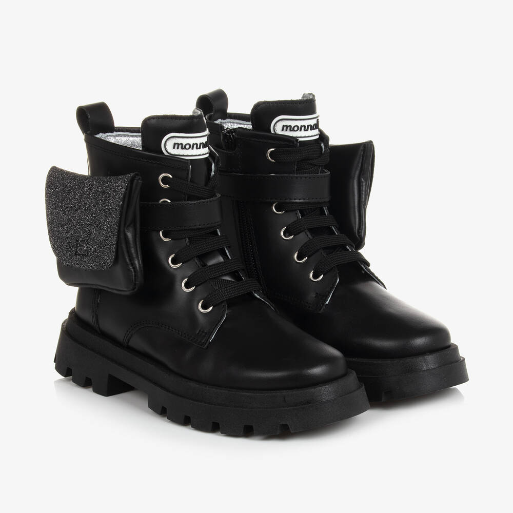 Monnalisa - Girls Black Leather Glitter Pocket Boots | Childrensalon