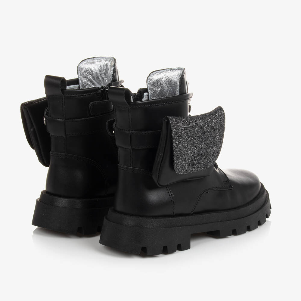 Monnalisa-Черные кожаные ботинки с карманами | Childrensalon Outlet