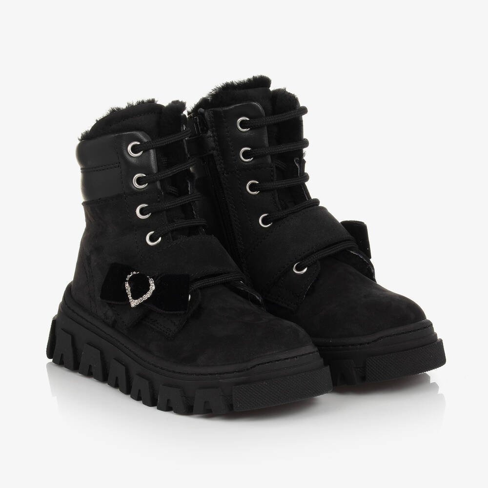 Monnalisa - Boots noires en nubuck à nœud fille | Childrensalon