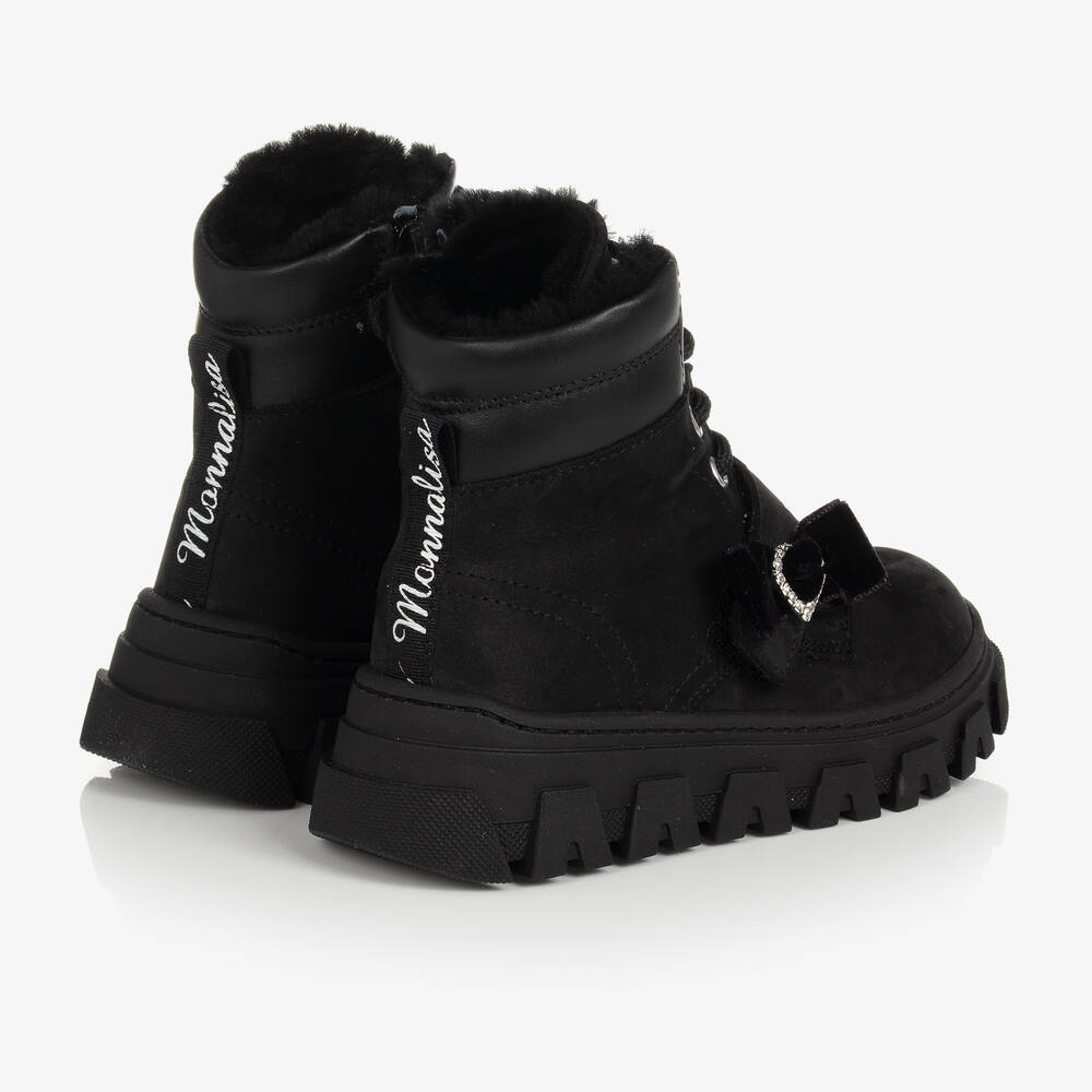 Monnalisa-Черные ботинки из нубука с бантиками | Childrensalon Outlet