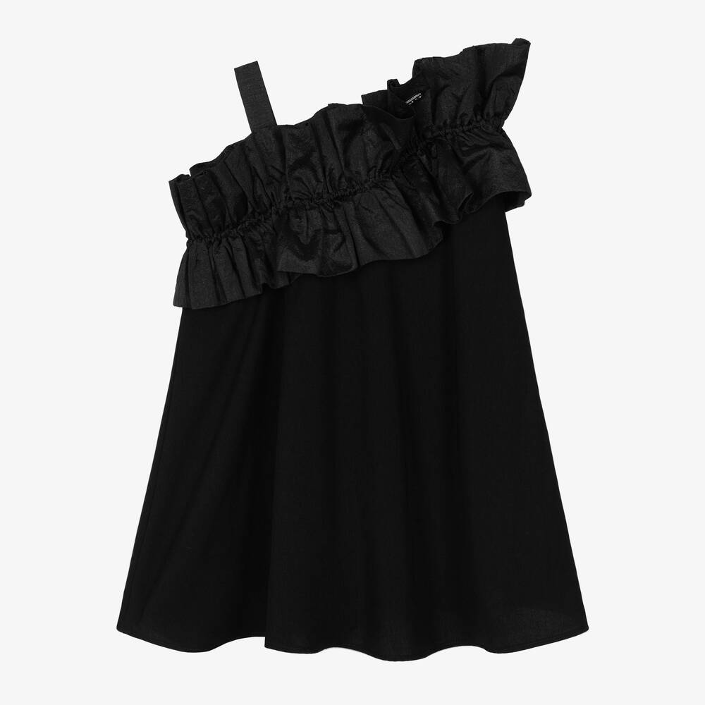 Monnalisa - Girls Black One Shoulder Ruffle Dress | Childrensalon