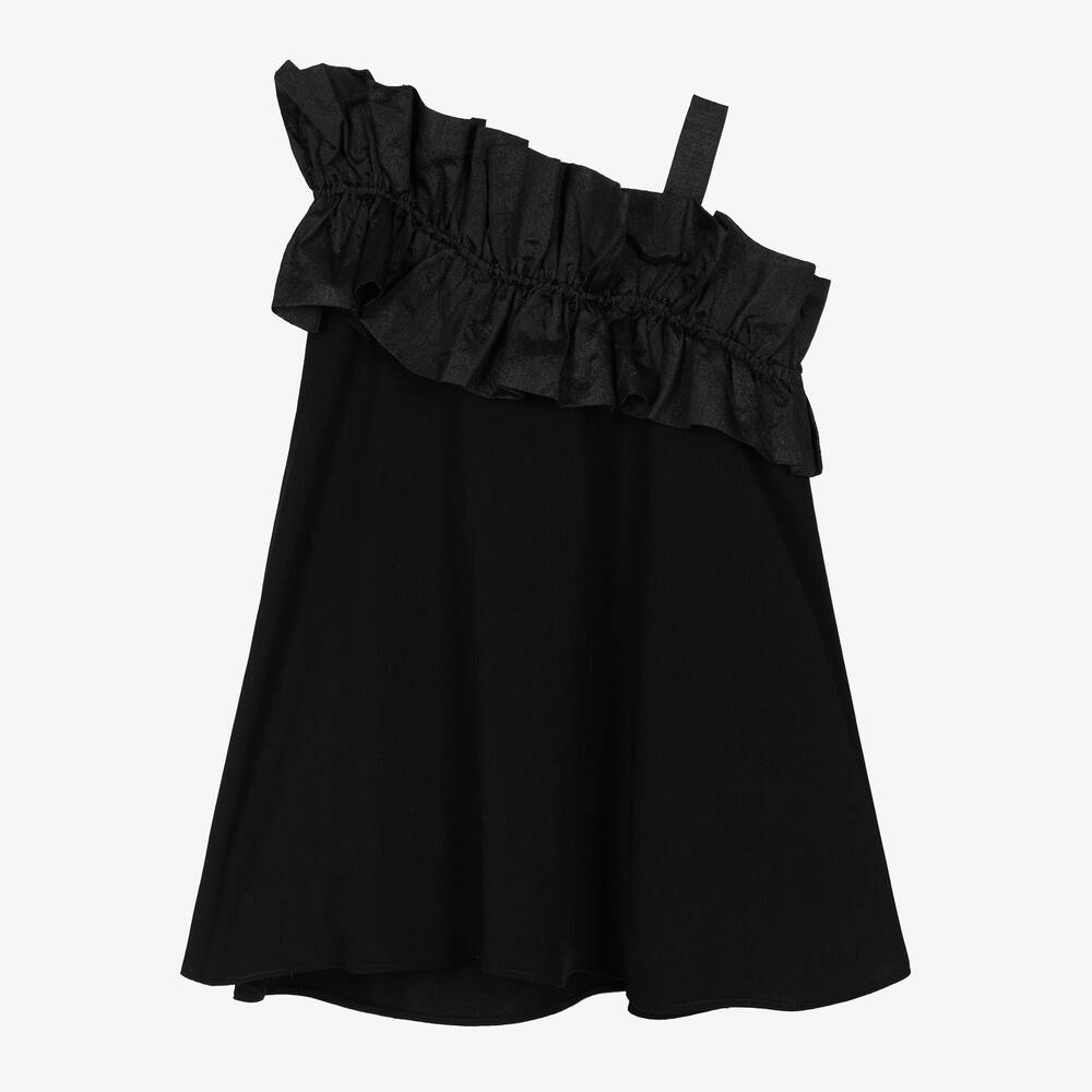 Monnalisa-فستان كريب مزين بكشكش لون أسود | Childrensalon Outlet