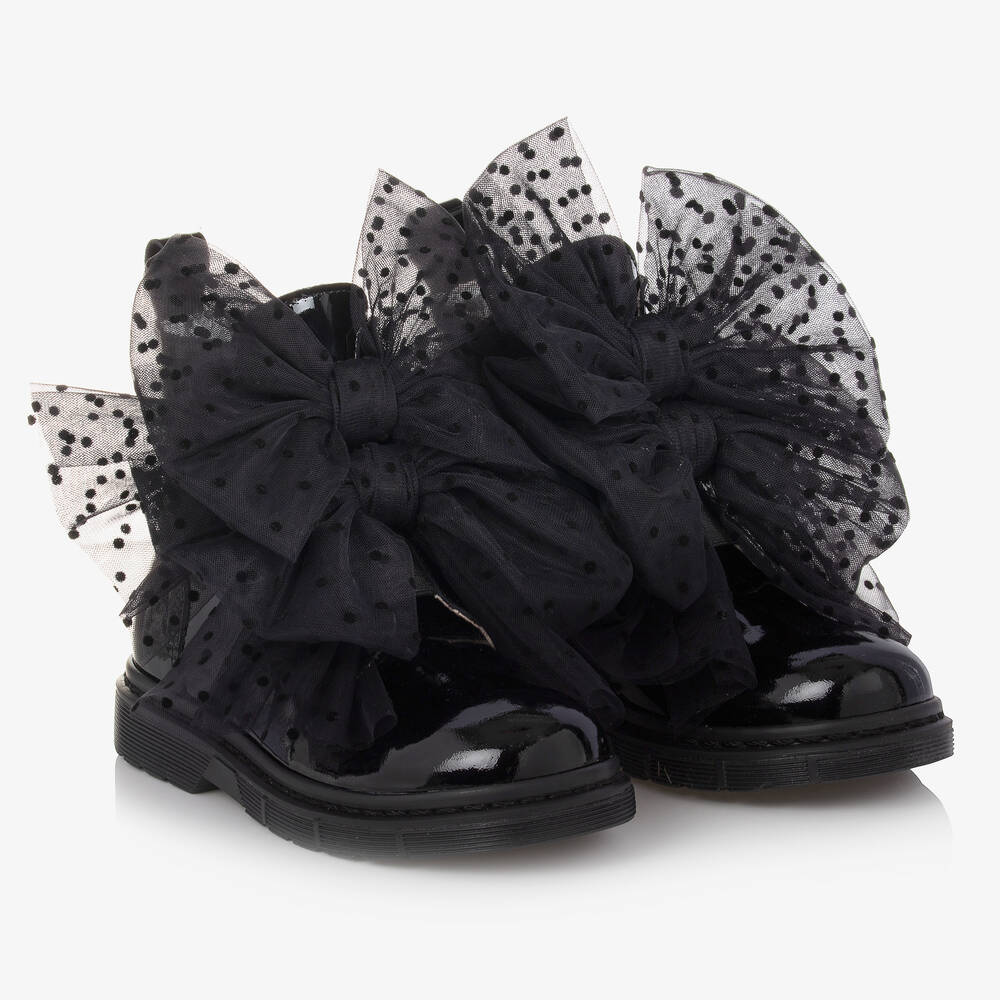 Monnalisa - Girls Black Patent Leather Bow Boots | Childrensalon
