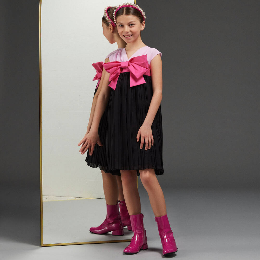 Monnalisa Шик-Черно-розовое плиссированное платье из шифона | Childrensalon Outlet