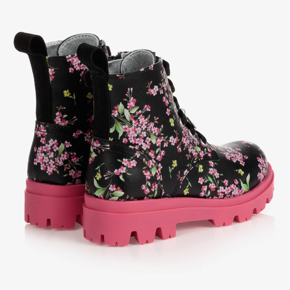 Monnalisa-Черно-розовые ботинки с цветами для девочек | Childrensalon Outlet