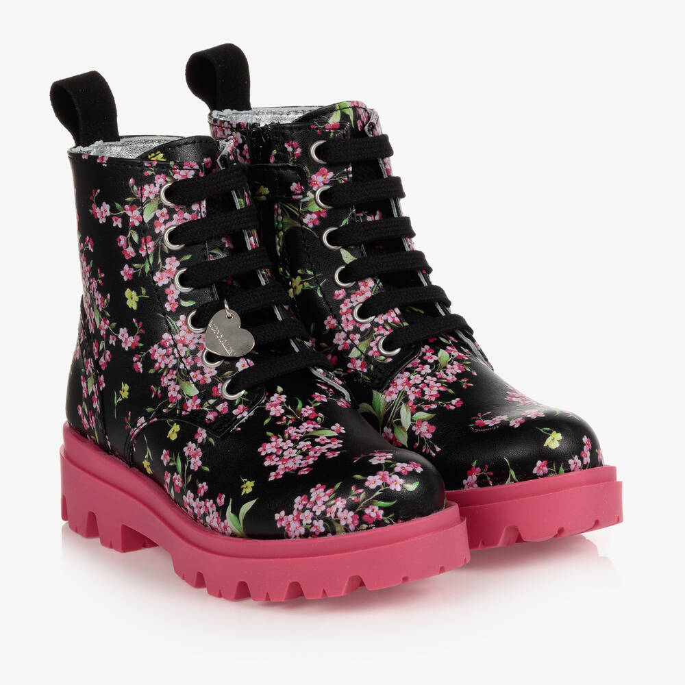 Monnalisa - Bottines noires roses fleurs Fille | Childrensalon