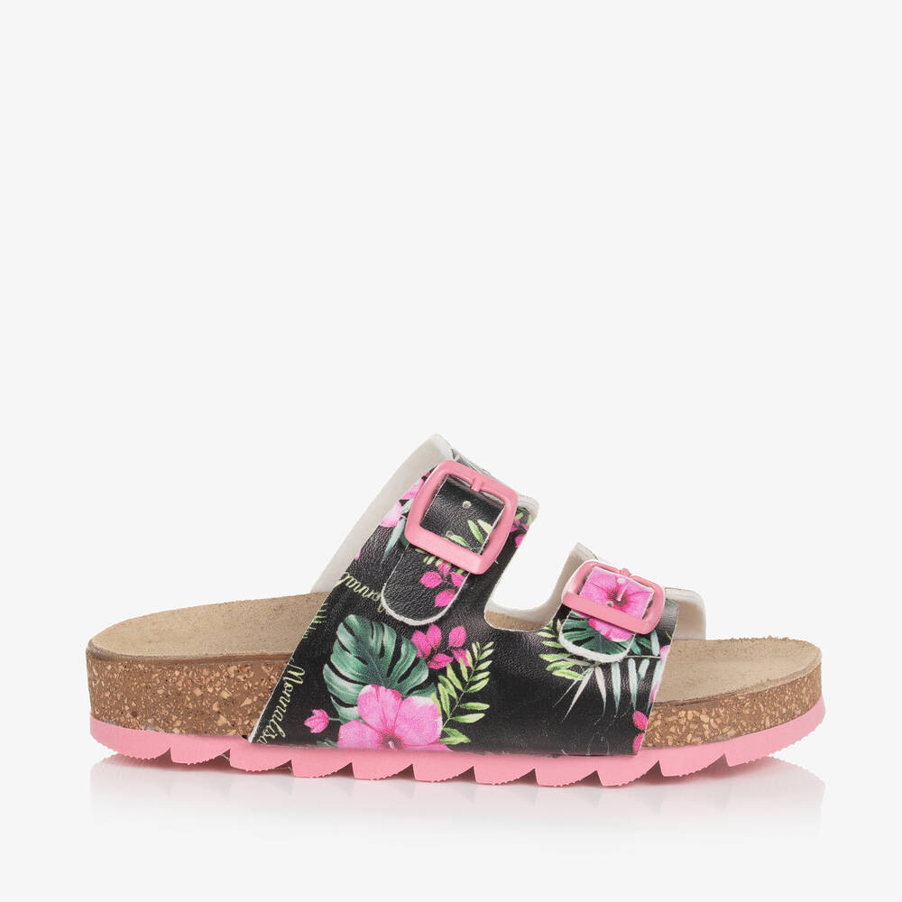 Monnalisa-Girls Black & Pink Floral Sandals | Childrensalon Outlet