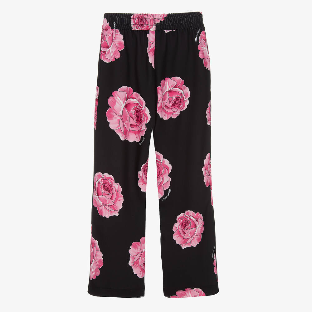 Monnalisa Chic-Girls Black & Pink Rose Print Trousers | Childrensalon Outlet