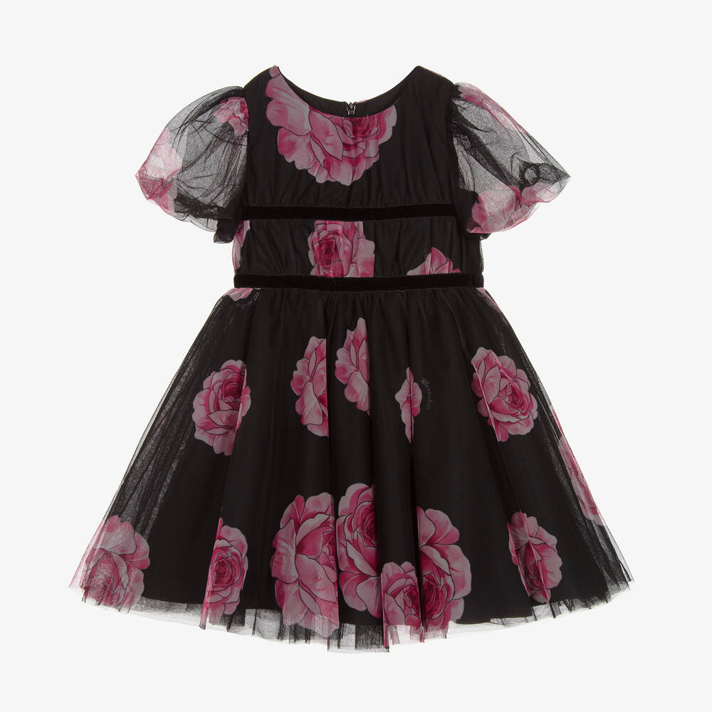 Monnalisa Chic-Girls Black & Pink Rose Print Tulle Dress | Childrensalon Outlet