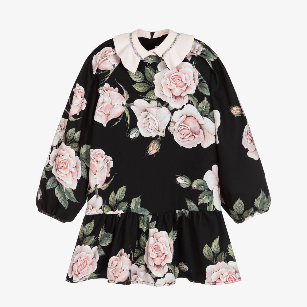 Monnalisa Chic - Черное платье с розовыми розами для девочек | Childrensalon