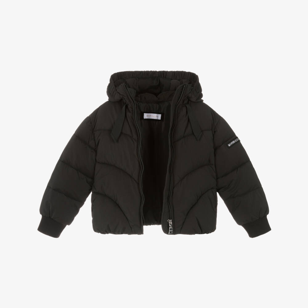 Monnalisa-Girls Black Puffer Jacket with Silver Logo | Childrensalon Outlet