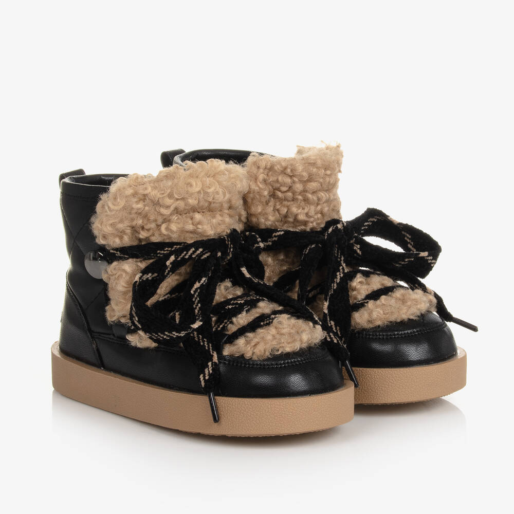 Monnalisa - Girls Black Quilted Faux Shearling Boots | Childrensalon
