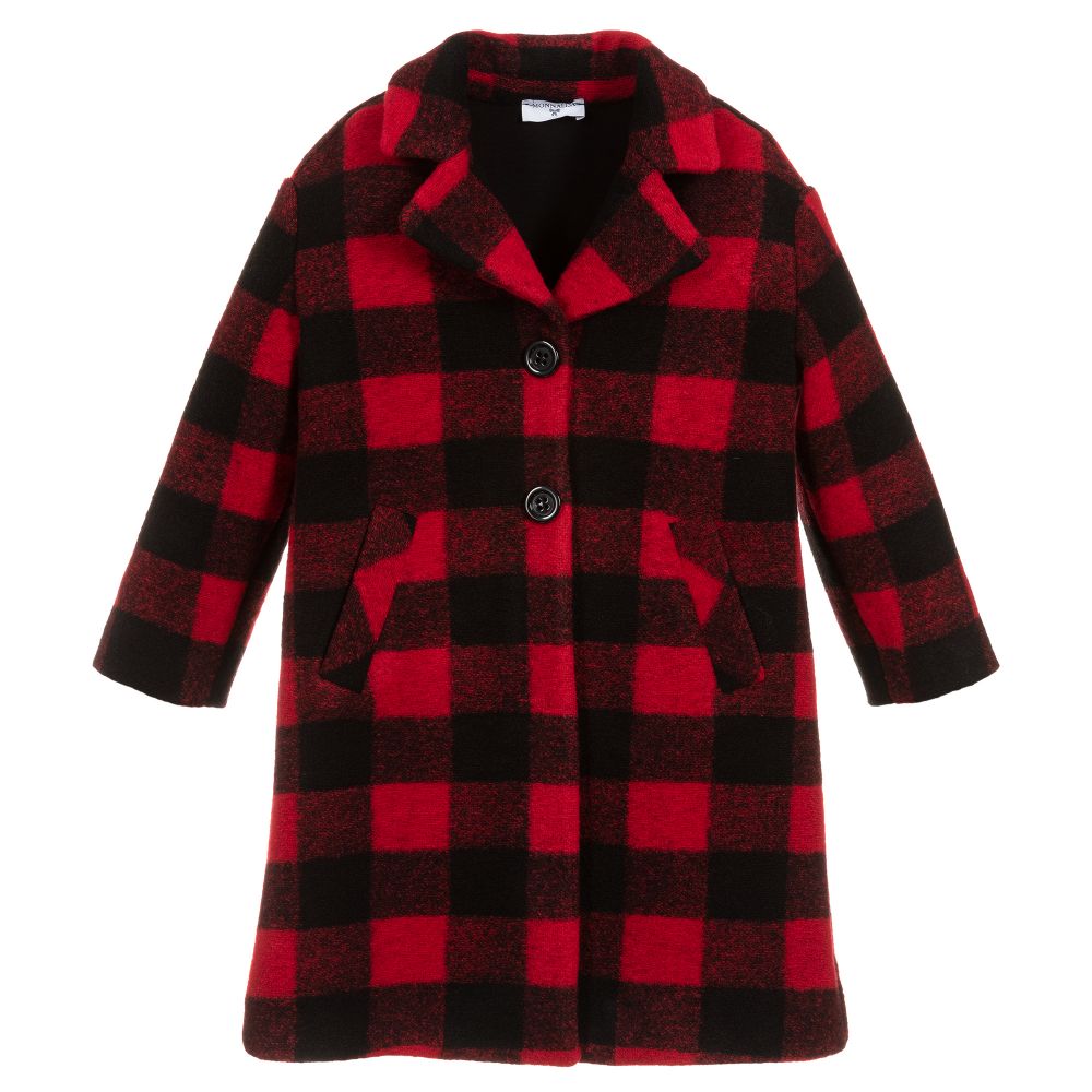 Monnalisa - Girls Black & Red Check Coat | Childrensalon