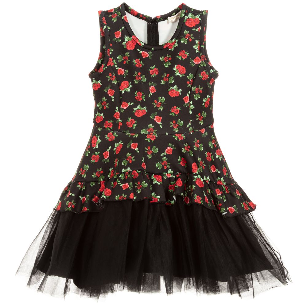Monnalisa Chic - Girls Black & Red Roses Dress | Childrensalon