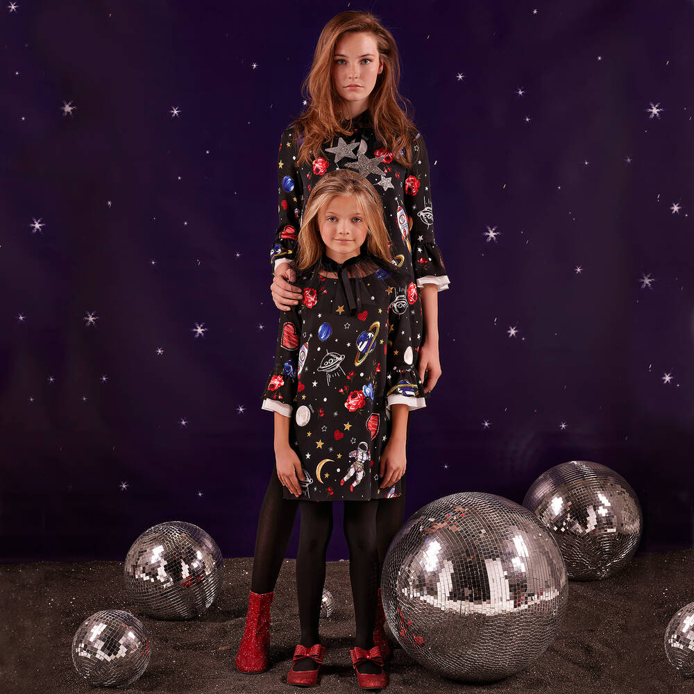 Monnalisa-Girls Black Space Dress | Childrensalon Outlet