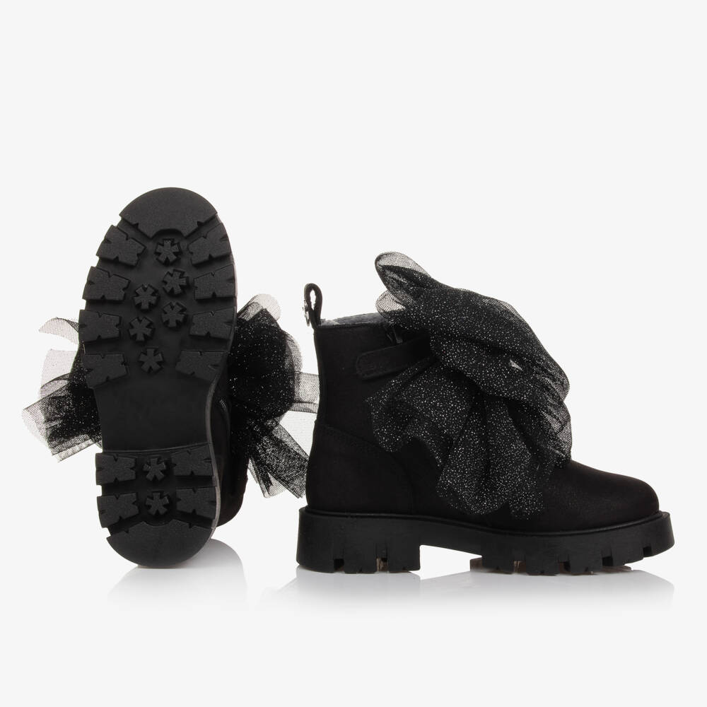 Monnalisa-Girls Black Suede Bow Ankle Boots | Childrensalon Outlet