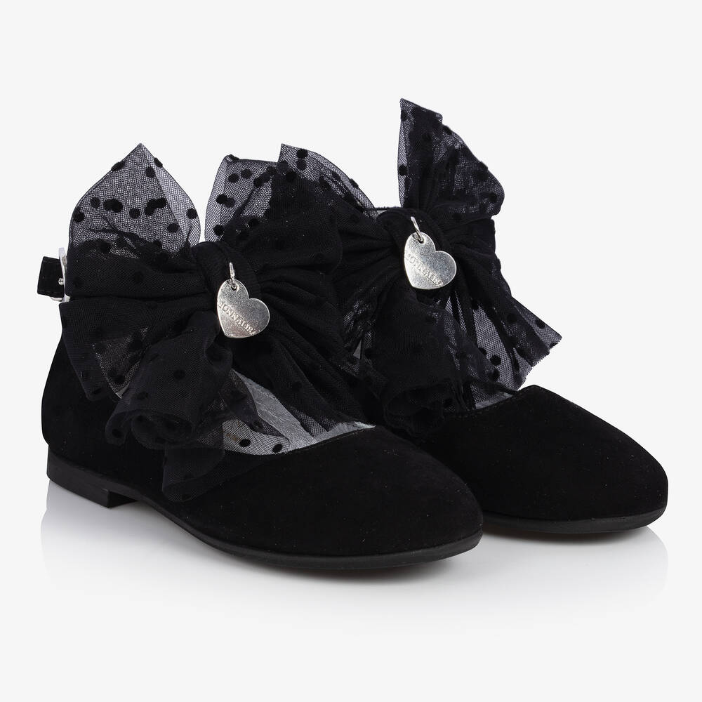 Monnalisa - Girls Black Suede Leather Bow Pumps | Childrensalon