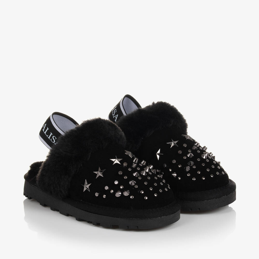 Monnalisa - Girls Black Suede Slider Slippers | Childrensalon