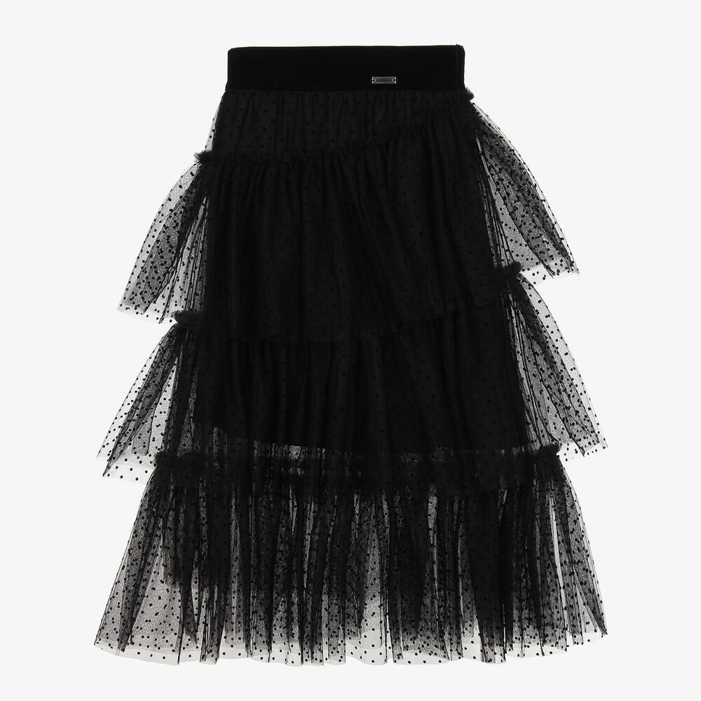 Monnalisa Chic - Girls Black Tulle Flocked Dots Skirt | Childrensalon