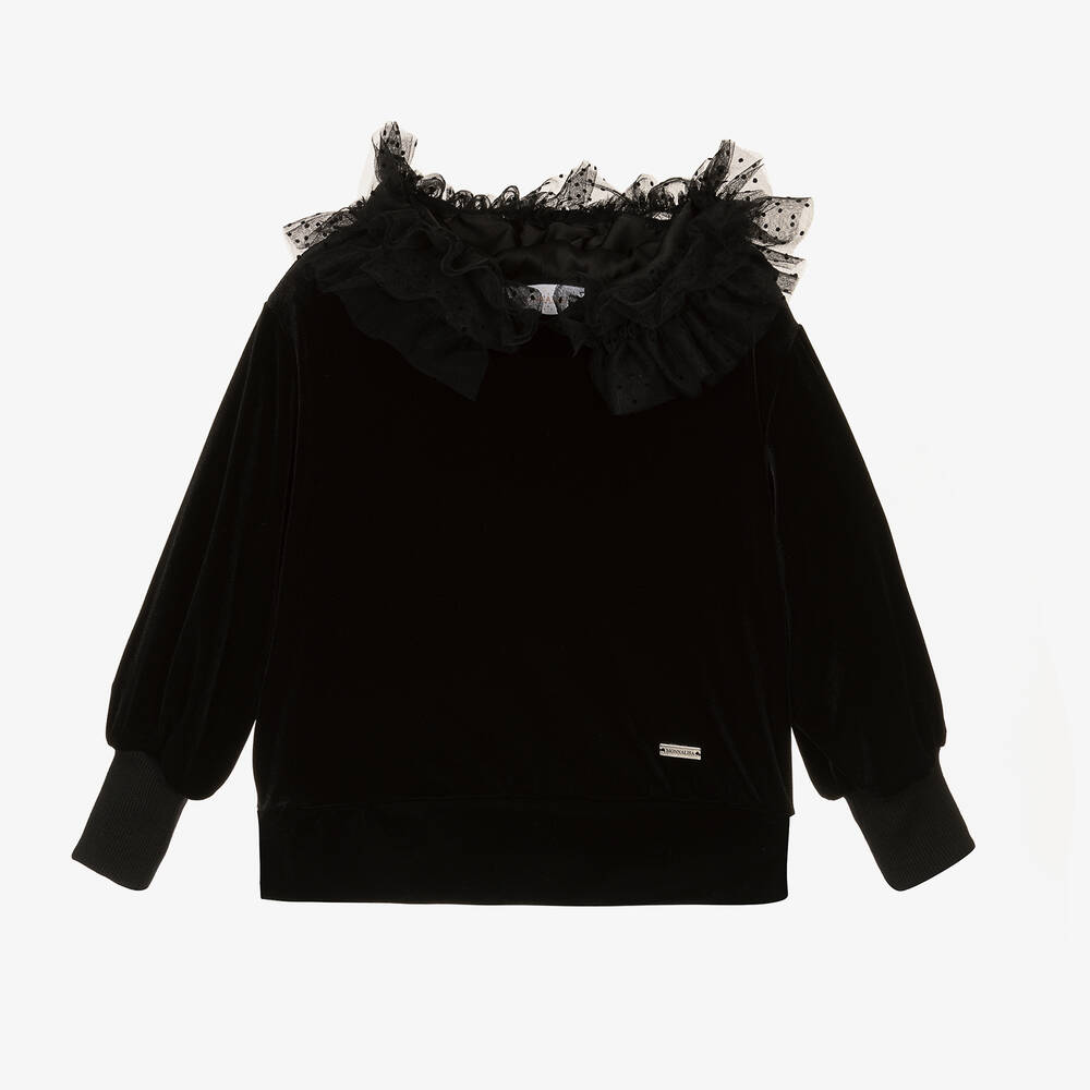 Monnalisa Chic - Girls Black Velour & Tulle Hoodie | Childrensalon