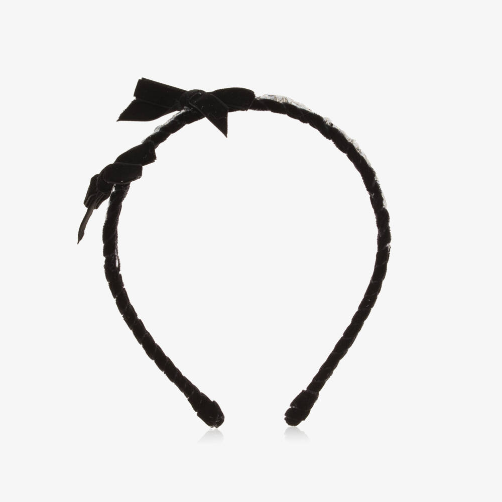 Monnalisa-Girls Black Velvet Bow & Silver Leaf Hairband | Childrensalon Outlet