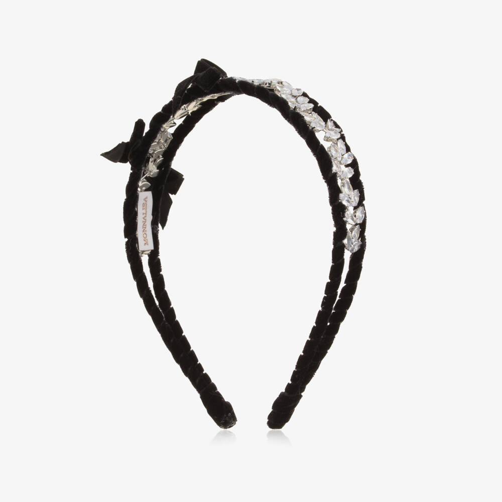 Monnalisa-Girls Black Velvet Bow & Silver Leaf Hairband | Childrensalon Outlet