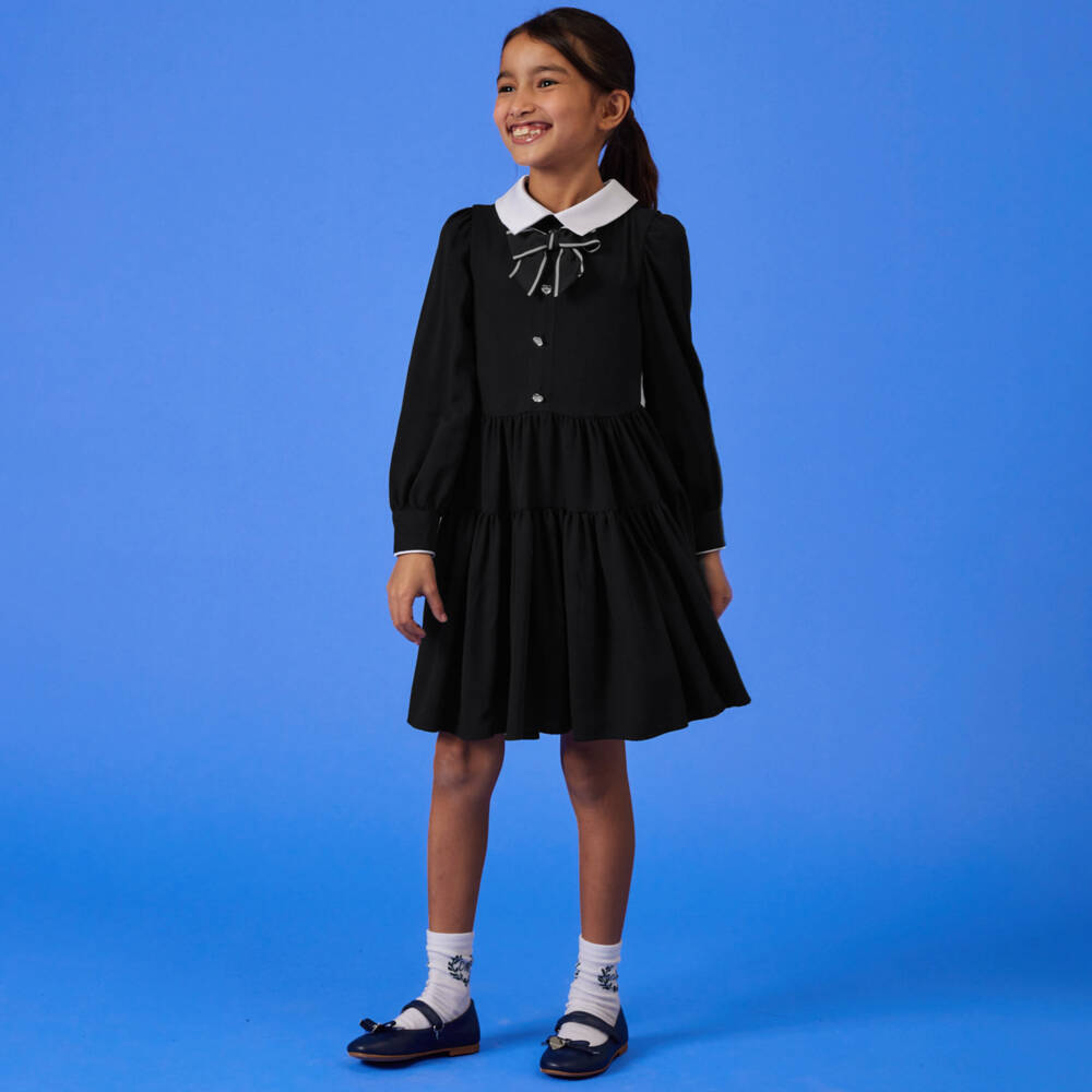 Monnalisa-Girls Black Viscose Buttoned Dress | Childrensalon Outlet