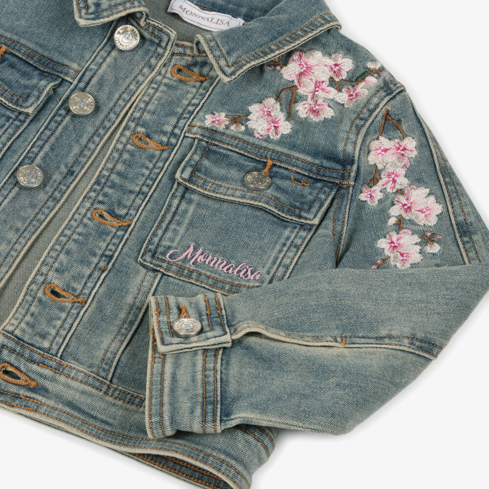 Monnalisa-Girls Blue Blossom Embroidered Denim Jacket | Childrensalon Outlet